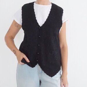 Vintage Yarnworks Black Beaded V Neck Knit Sweater Vest Embellished Scallop S